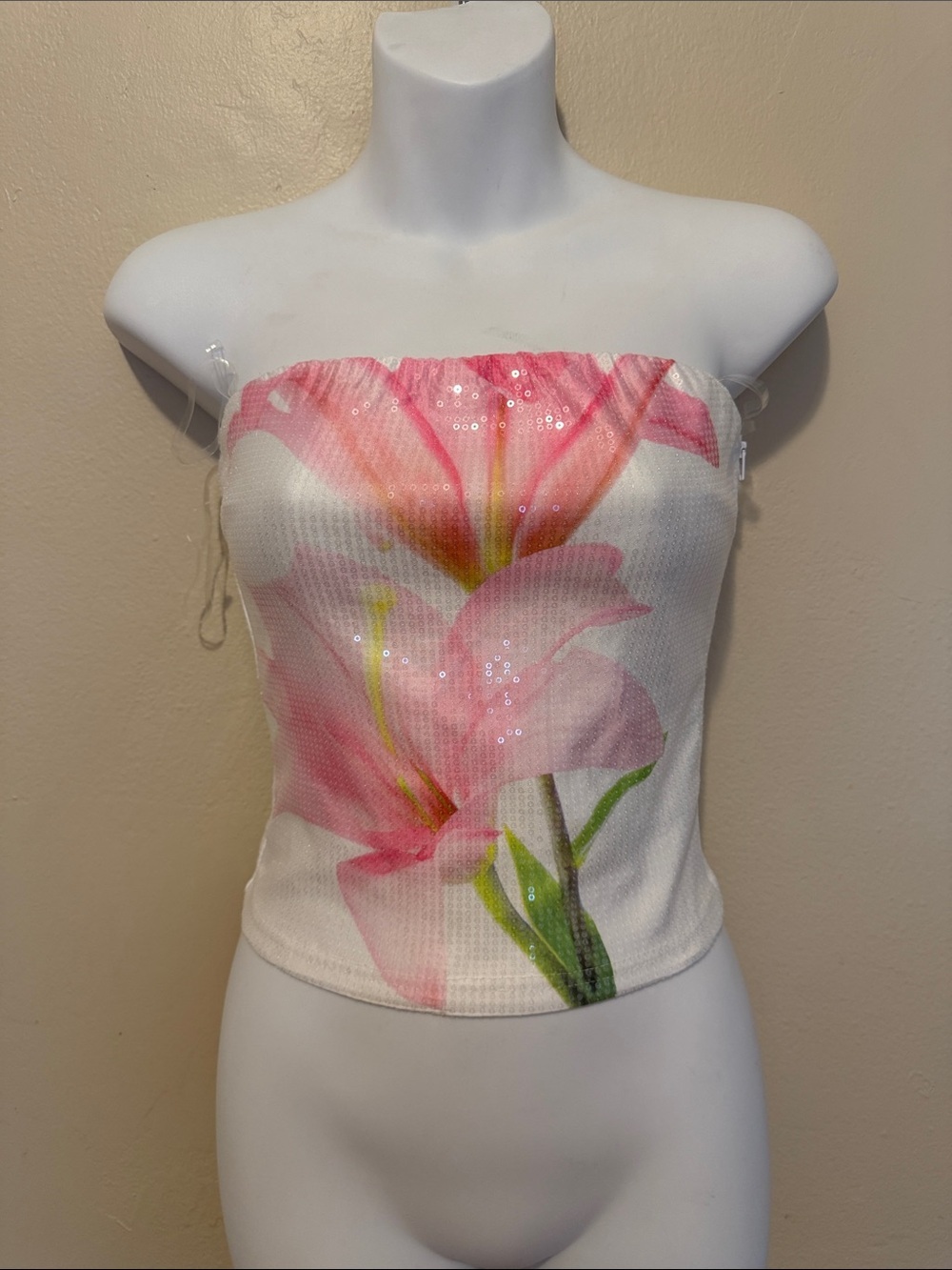 Pink Floral Strapless Tube Top with Sequin Detail